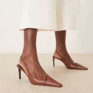 Mango Brown Leather Pointed Slingback Heels with Gold Accent With out Tags!